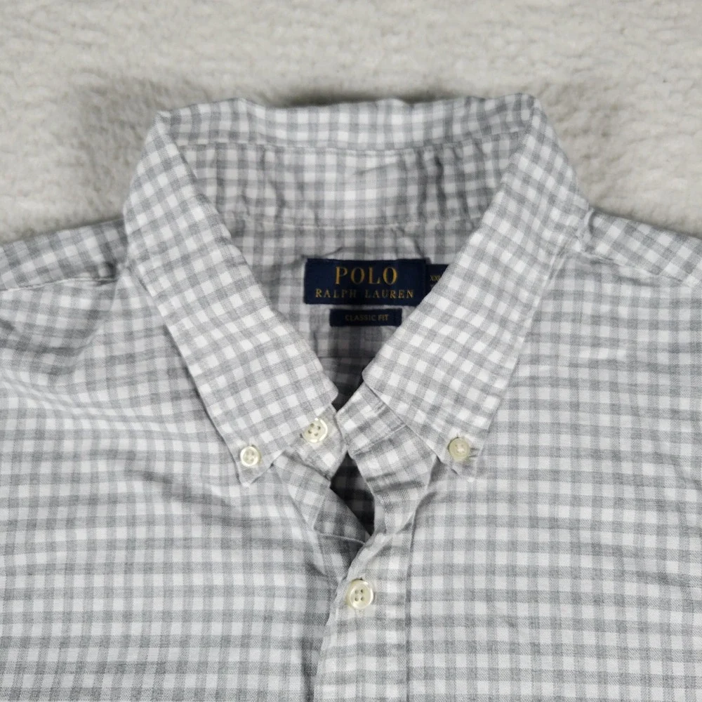 Polo Ralph Lauren Shirt Mens XXL Grey White Gingham Classic Fit Long Sleeve Pony